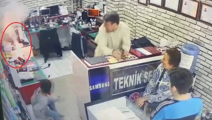 Telefon tamirhanesinde bataryanın patlama anı kameralara yansıdı