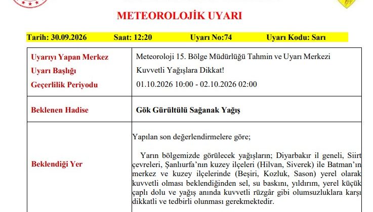 Diyarbakır ve Çevresi İçin Sarı Kodlu Uyarı